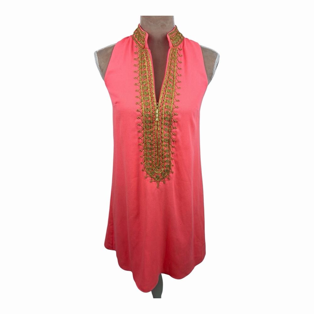 Lilly Pulitzer Sunrise Coral Jane Shift Dress Size 00 Pink Gold Trim Detail